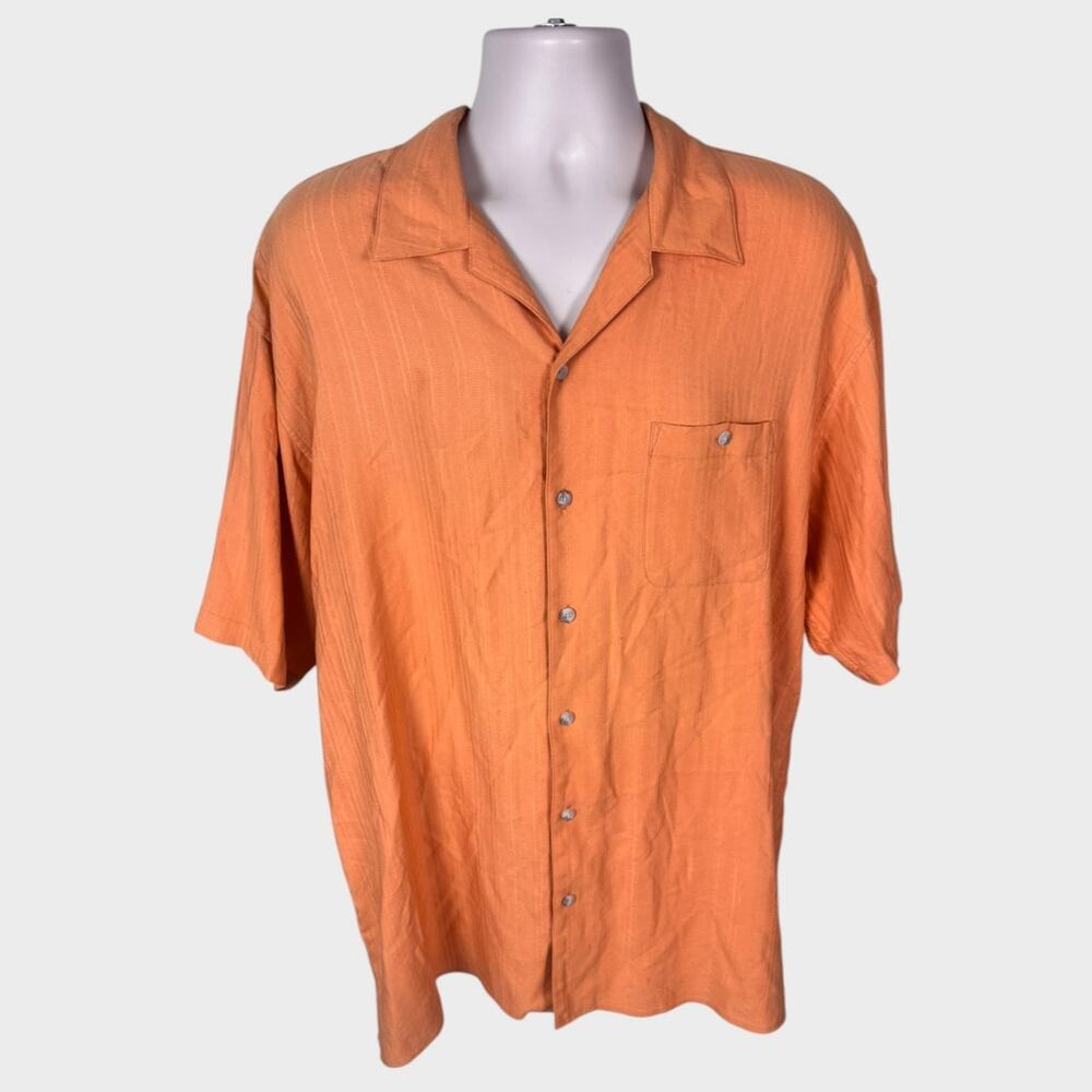 Bachrach 100% Silk XL Button Front Short Sleeve Mens Orange Peach Shirt